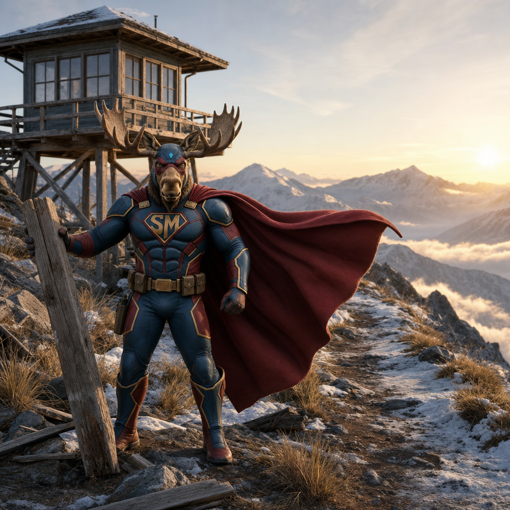Super Moose standing beside a fire lookout tower on a snowy ridge at sunrise